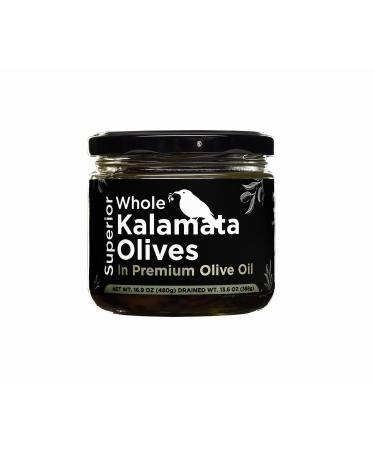Superior Whole Kalamata Olives JUMBO preserved in Greek Premium Koroneiki Extra Virgin Olive Oil  16.9 Ounce  Mnamu 1.05 Pound (Pack of 1)