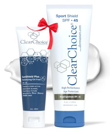 ClearChoice Sunscreen Bundle: SPF 45 (4oz) & SPF 30 Sun Shield Plus (1.7oz) Oil-Free Zinc Oxide Reef-Safe Non-Greasy Acne-Prone & Oily Skin Friendly