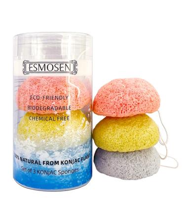 ESMOSEN 3 pc Natural konjac Facial sponges for deep face Cleansing and Gentle exfoliating  Safe for Delicate and Sensitive Skin Hypoallergenic
