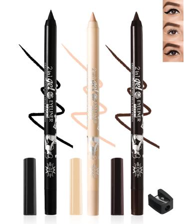 Black Nude Brown Colored Eyeliner Pencil Set-3Pcs Multi-Use Gel Eye Liner Eyeshadow Pen Waterproof Smudgeproof Long Lasting Water Line Pencil Professional Eye Makeup for Women with Pencil Sharpener 01 Black+03 Nude +06 Brown