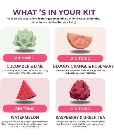 Poseidn Cocktail Bombs Gin & Tonic Gift Set 8 Drink Mixers for Gin & Tonic Cocktail and Mocktail Drinks Blood Orange & Rosemary Cucumber & Lime Raspberry & Green Tea Watermelon - Buy Online on GoSupps.com