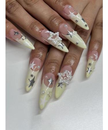 24pcs Yellow Edge White Pearl Coffin Fake Nail Star Press on Nails Rhinestone Decor Long Coffin Nails Luxurious Nails Acrylic Nails Fake Nails For Women Girls