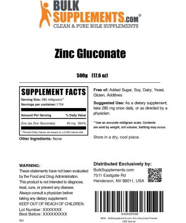 BulkSupplements.com Zinc Gluconate Powder - Zinc 40mg Mineral Supplement for Immune Support - Gluten Free 285mg per Serving 500g (1.1 lbs) (Pack of 1) Unflavored 17.64 Ounce (Pack of 1) - Buy Online on GoSupps.com