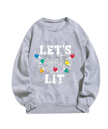 Yihaojia Women Christmas Oversized Sweatshirt Let's Get Lit Xmas Lights Graphic Shirts Cute Holiday Long Sleeve Pullover Tops Gray X-Large