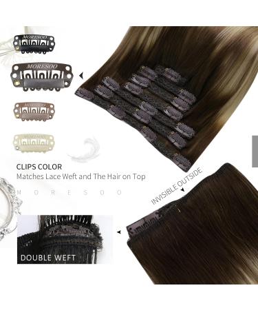 Moresoo Real Human Hair Balayage Clip in Extensions - Brown to Chestnut Brown with Blonde Highlights, 24 Inch, 7 Pieces/120g - Buy Online on GoSupps.com