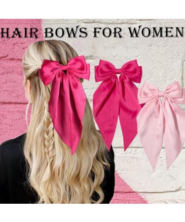 2Pcs Big Hair bow Hair Bows for Women Bow Hair Clip Elegant Solid Color French Barrette Bows For Hair With Long Silky Satin Hair Barrettes Accessories Bow Hair Clips for Women Girls(Pink+ Hot-pink) - Buy Online on GoSupps.com