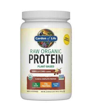 Organic Vegan Vanilla Chai Protein Powder - Garden of Life 22g Complete Plant Based Raw Protein & BCAAs Plus Probiotics & Digestive Enzymes for Easy Digestion  Non-GMO Gluten-Free Lactose Free 1.5 LB Vanilla Chai 20 Serv...