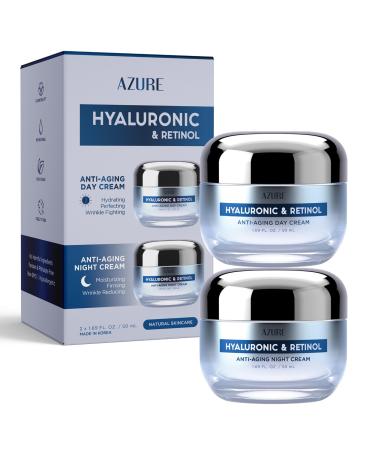 Hyaluronic Acid & Retinol Day/Night Cream Value Set - Rejuvenating Anti Aging & Hydrating Face Moisturizer - Reduces Wrinkles & Evens Dark Spots - Vegan Skin Care Made in Korea -2x1.69fl.oz by Azure