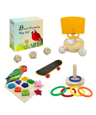 Bird Toys for Parakeets,5pcs Parrot Toys Set (Include Bird Basketball ToyBird SkateboardBird Stacking ToyParrot Wooden Block Puzzles ToySmall Sepak Takraw),Parakeet Toysfor Bird Training Toys12