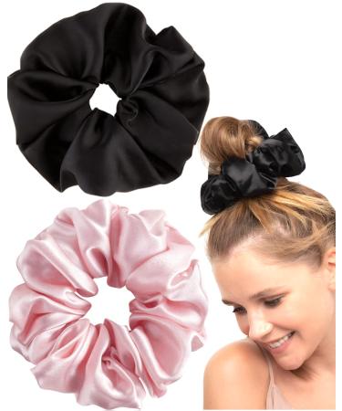 Silk Scrunchies Pure Silk Scrunchies - 100% Silk Hair Tie Silk Ponytail Holder Elastics No Crease Gentle Soft Hair Scrunchie 2pcs black+pink
