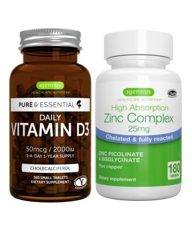 Daily Vitamin D3 + Zinc Complex Vegetarian Bundle 365 2000iu Vitamin D3 Tablets + 25mg Chelated Zinc Picolinate & Bisglycinate with Copper by Igennus