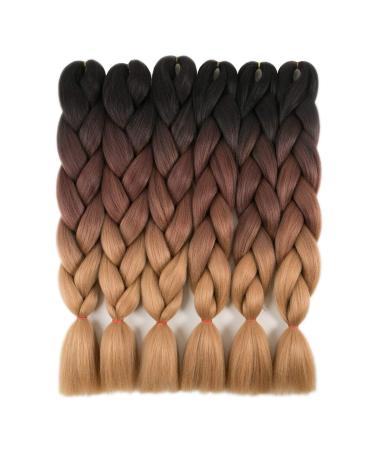 RAYIIS 6 Packs Braiding Hair Kanekalon Synthetic Braiding Hair Extensions 24 inches (6 Packs Ombre black-dark brown-light brown) 6 Packs Ombre black-dark brown-light brown