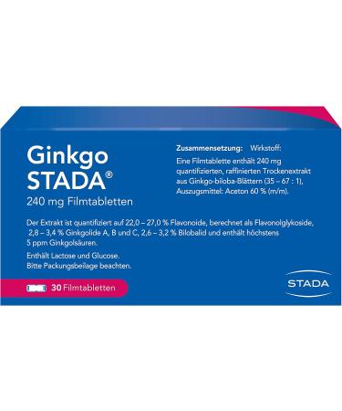 Ginkgo Stada 240 mg - Enhance Cognitive Function & Quality of Life in Mild Dementia - 120 Film-Coated Tablets (30 Pieces) - International Shipping Available - Buy Online on GoSupps.com