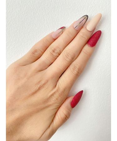 Long Stiletto/Almond Red Matte Glitter with Black Stripe Fake Press On Nails