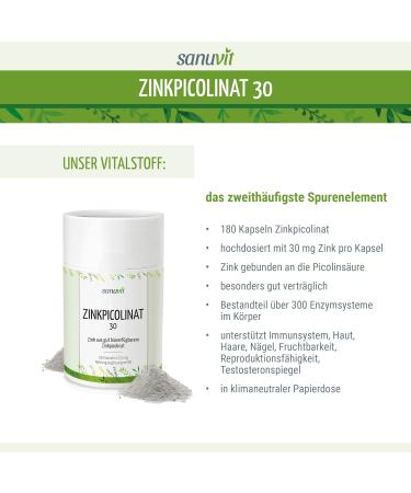 Sanuvit Zinc 30 mg Capsules - High Bioavailability Zinc Picolinate | 180 Capsules | Made in Austria - Boost Immune Health Worldwide - Buy Online on GoSupps.com