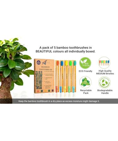 Bamboo Toothbrushes for Adults - BPA-Free Biodegradable Eco-Friendly Family Pack (5 Rainbow Colors) - Plastic-Free Packaging - Buy Online on GoSupps.com