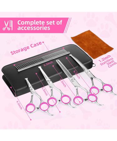 Round Tip Dog Grooming Scissors Kit - Titanium Coated Stainless Steel Set for Small Pet Cat Dog - Thinning/Straight/Curved Shears with Comb and Case in Pink - Buy Online on GoSupps.com