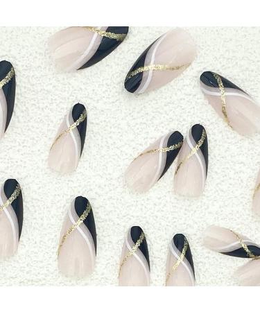 Justotry Gold Glitter Stiletto Nails - 24-Piece Black French Press-On Almond Fake Nails for Women | Beautiful Glitter Art | International Shipping - Buy Online on GoSupps.com