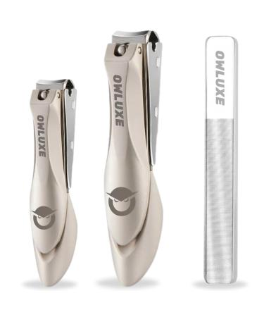 Heavy Duty Nail Clippers Set with Catcher - Wide Jaw Ultra Sharp Edge Fingernail & Toenail Clippers for Thick Nails Includes Nail Files - Complete Nail Kit by Owluxe in Gift Box for Men and Women
