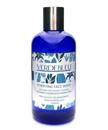 Verdebleu - 99% Natural - Purifying Face Wash - Rhassoul Rosemary Frankincense Geranium. No Sulfates/Parabens No Soap. pH 5.5 Sensitive Skin. We Donate 5% of Profit to Save the Rainforest. 250ml