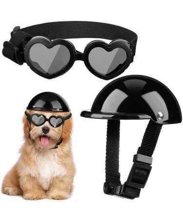 Xuniea 2 Pieces Small Dog Helmet and Goggles Puppy Sunglasses UV Protection PET Helmet Adjustable Belt Dog Motorcycle Hard Safety Hat Doggie Windproof Glasses, Small Dog Cycling Riding(Black)