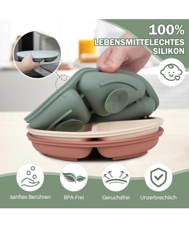 Baseola Silicone Baby Plate Set with Suction Cup & Lid | BPA-Free Divided Children's Dishes (3 Pieces Dark Green Brick Red Beige) - Perfect for Easy Mealtime - Buy Online on GoSupps.com