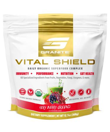 Granite Nutrition Vital Shield - USDA Organic Superfood Greens with Mushrooms & Tart Cherry for Energy Immunity & Gut Health - Very Berry (30 Servings) Very Berry Greens