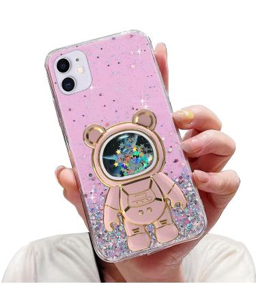 Tivenfezk nadoli for iPhone 11 Treibsand B r astronaut Hidden Standh lle caricature glitter astronaut stand soft silicone bling mobile phone case transparent protective cover iphone 11 pink