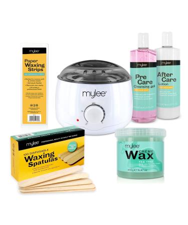 Mylee Complete Waxing Kit Includes Salon Quality Wax Heater Soft Cream Wax Waxing Strips Spatulas and Mylee Pre & After Care Lotion (Tea Tree) - Buy Online on GoSupps.com