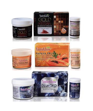 Nutriglow Gold Kesar Bleach Cream Papaya Fruit Bleach Cream Diamond Perfect Radiance Bleach Cream for Lightening Facial Hair Dark Spot Corrector and Tan Removal 43G Each Pack of 3