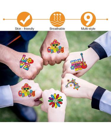 Hippie Temporary Tattoos Stickers for Kids - 144 Piece Assorted Pack | 70s 80s 90s Groovy Designs | Hippie Face, Love and Peace Decals | Ideal for Hippie Party Favors - Buy Online on GoSupps.com
