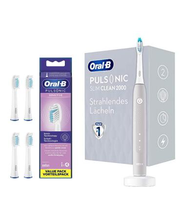 Oral-B Pulsonic Slim Clean 2000 electric sound toothbrush for a gentle tooth cleaning 2 cleaning modes gray & oral-B Pulsonic sensitive plug-in brushes for sound toothbrushes 4 pieces of gray bundle with sensitive plug-in brushes
