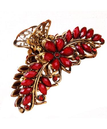 Women Retro Flower Alloy Anti-Slip Large Rhinestone Hair Clip Red