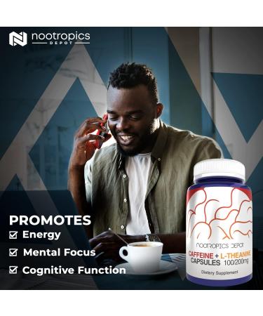 Nootropics Depot Caffeine & L-Theanine Capsules - 200mg Caffeine 100mg L-Theanine | Energy Booster & Mental Focus | 60 Count Natural Supplement - Buy Online on GoSupps.com