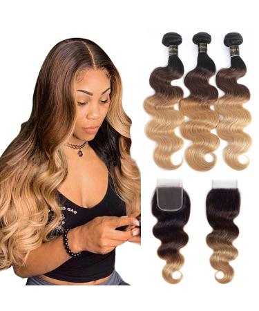 12A Ombre Body Wave Bundles With Closure Brazilian Virgin Remy 100% Human Hair Ombre 3 Tone T1B/4/27 Color Body Wave Human Hair Extensions 3 Bundles with 4x4 Lace Closure Free Part Mixed Color(14 16 18+12  1B/4/27) T...