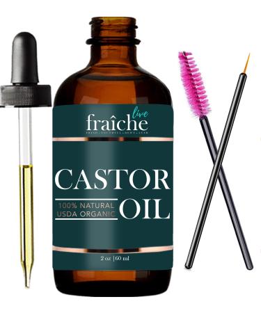 Live Fraiche Castor Oil Organic (2oz) + FREE Mascara Starter Kit. USDA Certified 100% Pure Cold Pressed  Hexane Free Grow Eyelashes and Eyebrows. Condition Hair. Lash Growth Serum. Brow Treatment