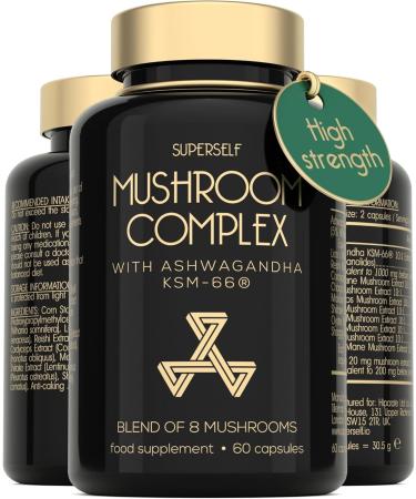 Mushroom Complex with Ashwagandha KSM-66 - Mushroom Supplement 1600mg with Lion's Mane Reishi Chaga Cordyceps Shiitake - High Strength Superblend of 8 Mushrooms & Ashwaganda - 60 Capsules - Vegan 1 count (Pack of 60)