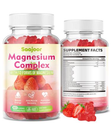 Magnesium Complex Gummies with 12 Forms of Magnesium (Citrate Glycinate Malate Oxide and More) Plus Vitamins B6 B12 and C. for Women and Men Strawberry Flavor 60 Count