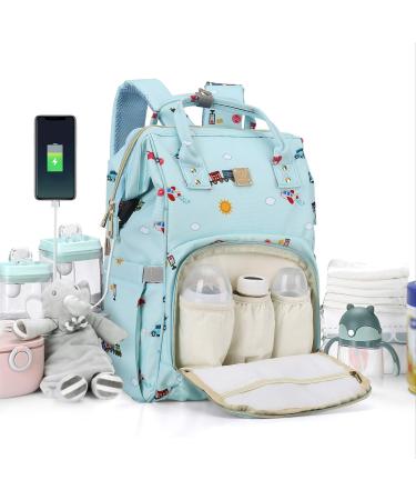 Diaper Bags Backpack Baby Bag for Mom Dad Baby Girls Boy, Cute Mult Diaper Nappy Bag Travel Back Pack,Waterproof Maternity Changing Bag Baby Stuff with USB Charging Port Stroller Straps Large Blue