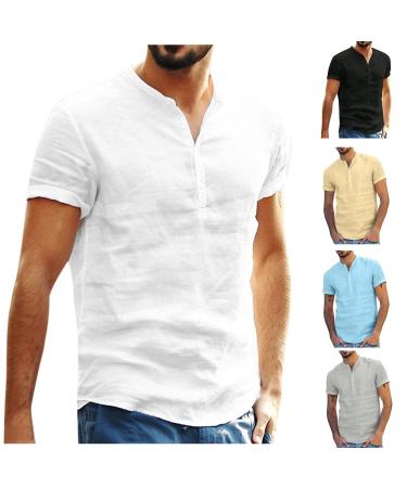 Ykohkofe Men's Casual Cotton Linen Shirts Solid Color Button Up Tops Summer Beach Tee Shirts #White Medium
