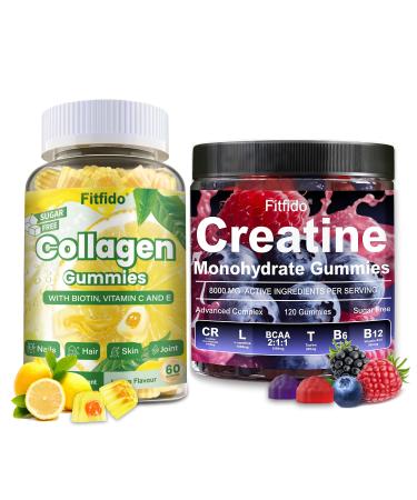 Fitfido Creatine Monohydrate Gummies 8000mg + Collagen Gummies Support for Thick Hair Strong Nails & Healthy Skin Vegan Sugar Free 2-Pack Supplement Bundle