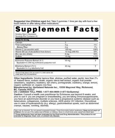 Herbaland Vegan Immune Boost Kids Gummies - Vitamin C, D3, Zinc, Echinacea, Elderberry - 90ct | Sugar-Free & Gluten-Free, Raspberry Lemon Flavor - Buy Online on GoSupps.com