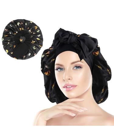 Gugugo silk hood for sleeping silk bonnet adjustable silk hood sleeping hood silk sleeping hat women satin hood satin hood sleep silk sleeping cap black butterfly
