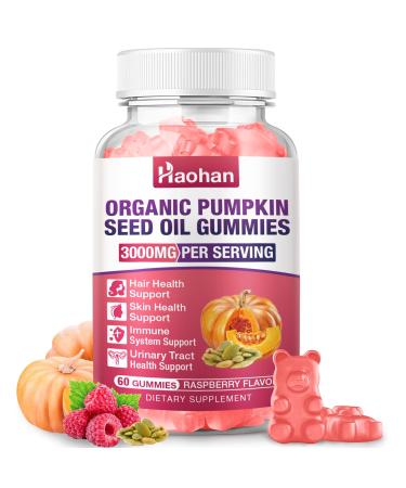 Haohan Pumpkin Seed Oil Gummies with Saw Palmetto for Hair Growth in Women & Men - Organic Hair Skin & Nails Supplement with High-Purity Extract - Sugar-Free Non-GMO Raspberry Flavor 60 Count