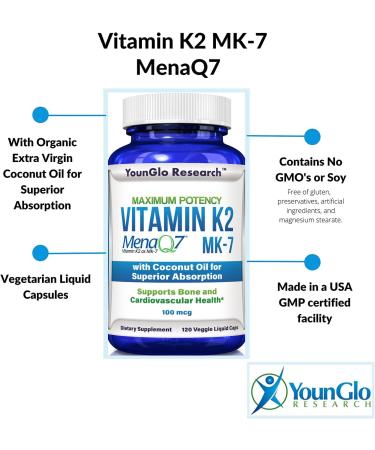 YounGlo Vitamin K2 MK7 100mcg with Coconut Oil | 120 Vegan Liquid Capsules for Bone Health | Supports Bone Strength & Density for Adults - Buy Online on GoSupps.com