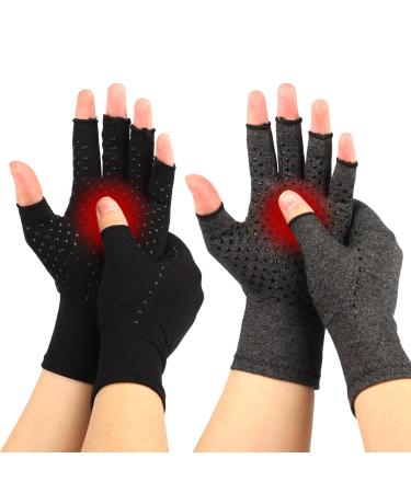 2 Pairs Arthritis Gloves Women Men Fingerless Compression Gloves for Pain Relief for Carpal Tunnel Typing Driving Black+Grey Small