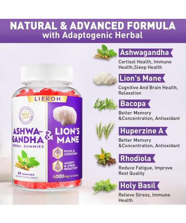 Ashwagandha Gummies - Organic Ashwagandha & Lions Mane Gummies for Adults with 4 Adaptogenic Herb for Stress Cognitive & Immune Support| Cortisol Supplements for Women & Men Berry Flavor - 60 Counts - Buy Online on GoSupps.com