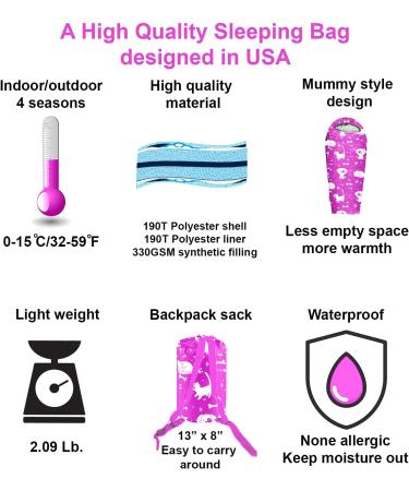 ANJ Outdoors Youth and Kids 32F - 59F Sleeping Bag - Pink Mummy Style Lightweight Bag for Boys and Girls | Indoor/Outdoor Sleeping Bag for Kids up to 4'3 - Buy Online on GoSupps.com
