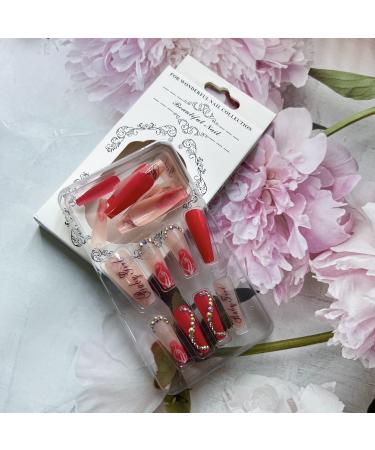 Valentine's Day Long Press on Nails with Rhinestone Designs - Pink & Black Letter Fake Nails - 24 Pcs Coffin Shape - Women's Artificial False Nails - Buy Online on GoSupps.com