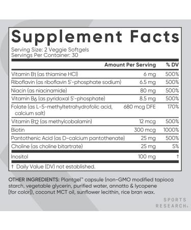 Buy Sports Research Vitamin B-Complex - Plant-Based & Vegan-Friendly - Full Spectrum B Vitamins - 60 Veggie Softgels - International Shipping Available - Buy Online on GoSupps.com